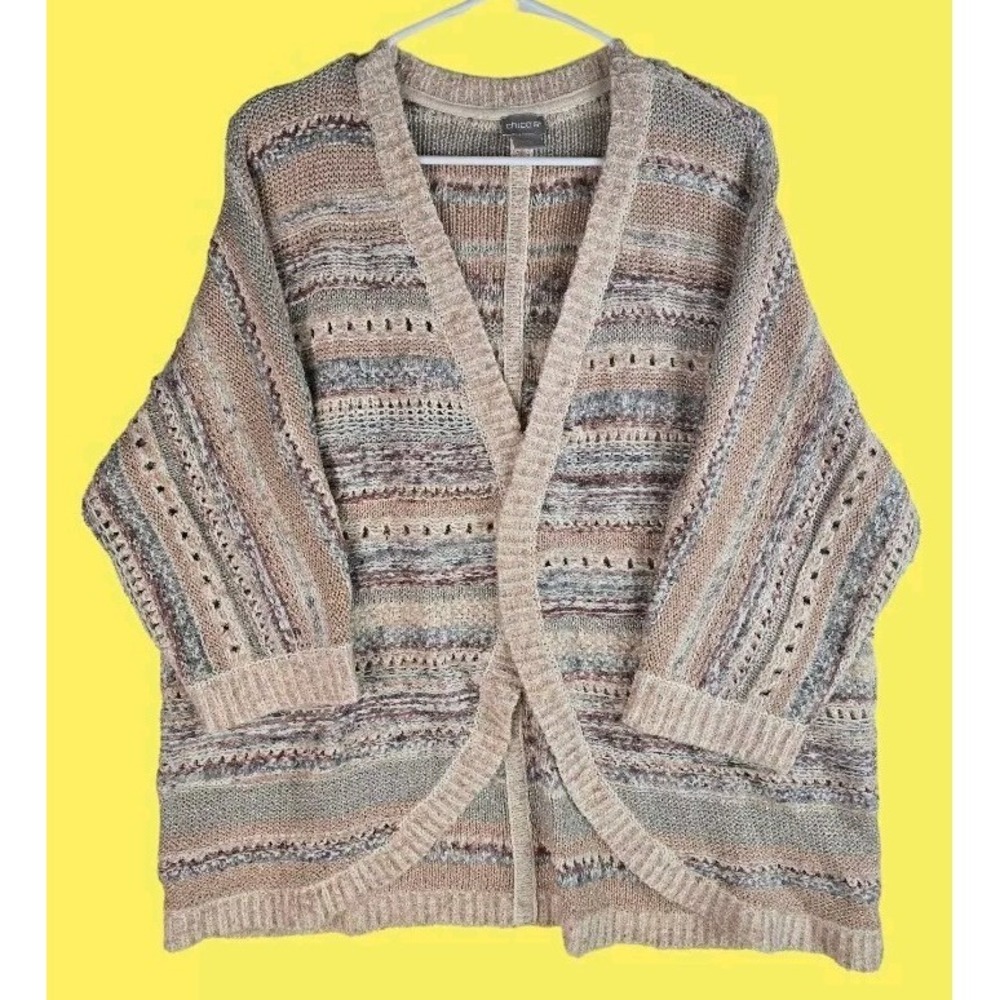 Chico's Cardigan Womens 2 Size L Striped Mixed Yarn Cocoon Open Front Knit